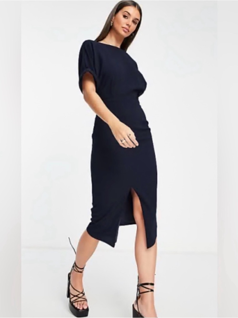 ASOS Navy Midi Dress with Front Vent